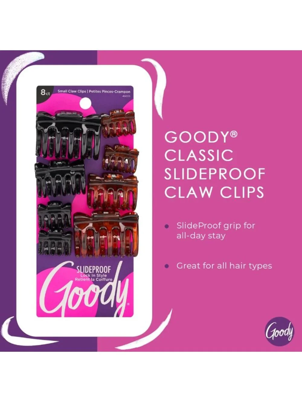 Chic SlideProof Claw Clips Set, 8 Assorted Sizes & Colors, Secure Grip Hair